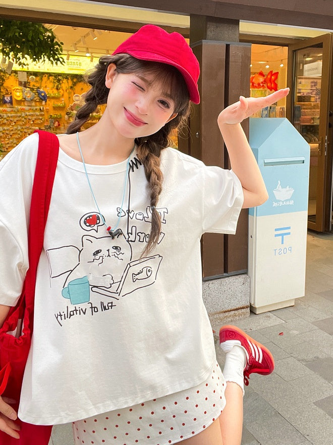 White Round Neck Kitty Print Loose T-Shirt