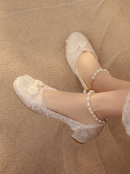 Froschschuhe Akzent Perlen Qi Knöchel Lolita Beige Riemen Knopf Mittelabsatz