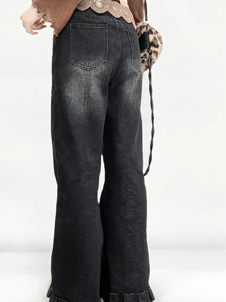 Cuffs Ruffled Cut Wide-leg Black Jeans