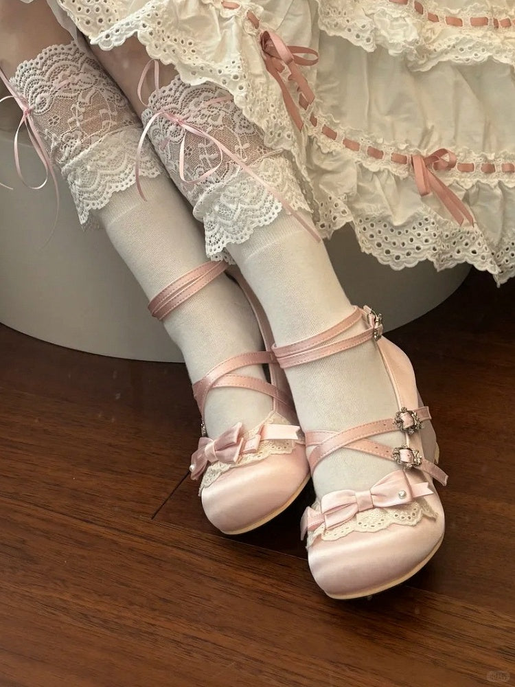 Bow Accents Lolita Sweet with Trim Wedge Crisscross Heels Lace Straps - Satin Pink