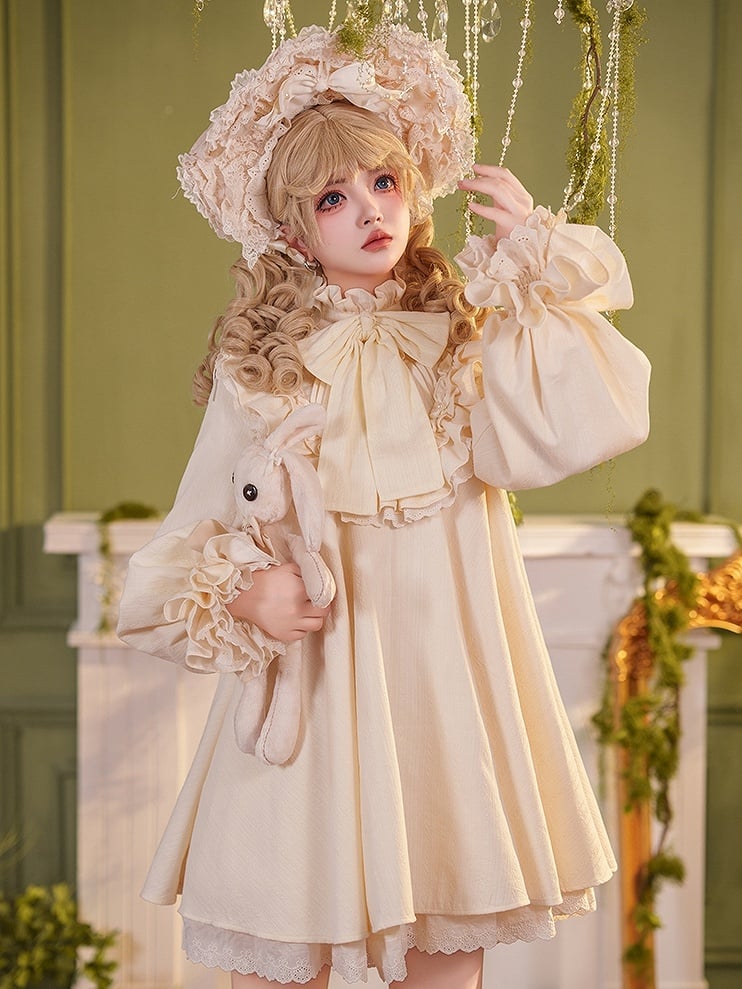 High Dress Bow Ruffled Sleeves Big Long Beige Sweet Cotton Lolita Neck