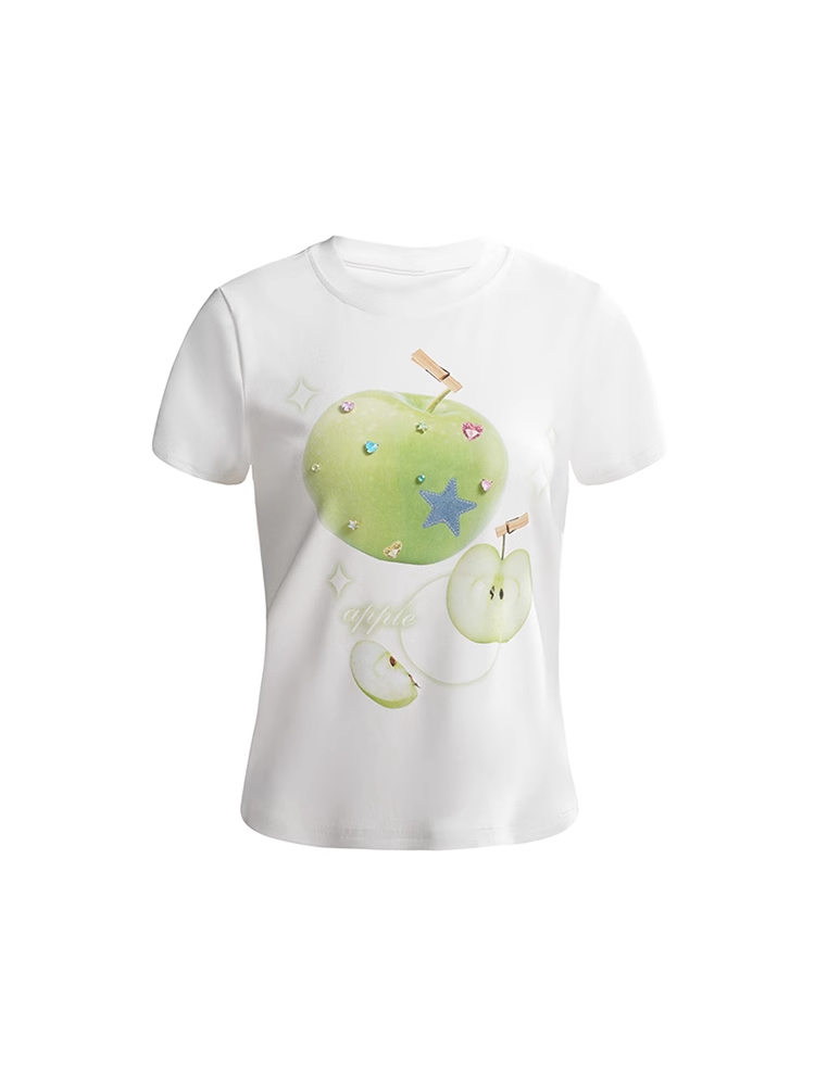 Embellished T-Shirt Green Apple Print White Round Neck Rhinestones