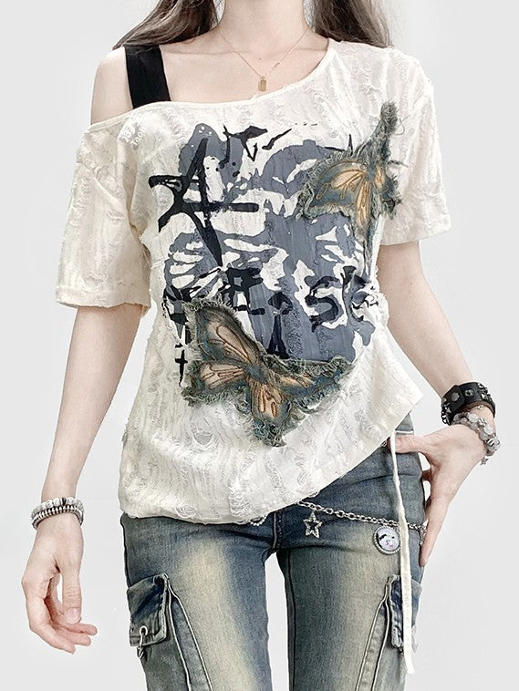Butterfly White Kawaii Neckline Applique Bittersweet T-shirt Asymmetrical