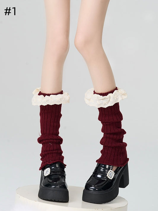 Red Lace Trim Knitted Leg Warmers