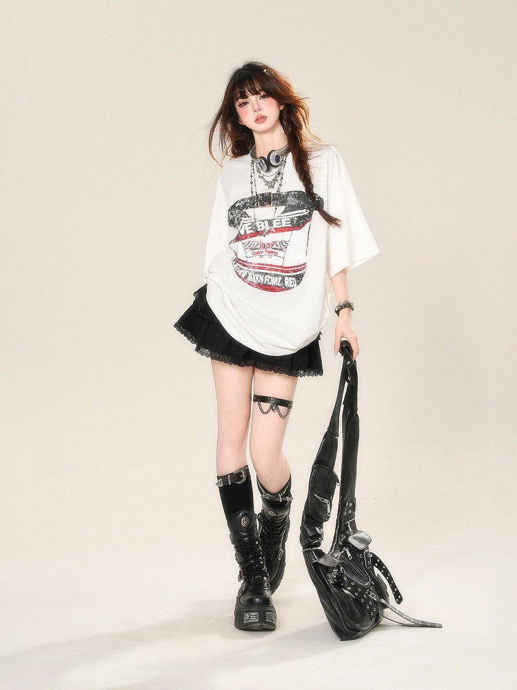 White Crew Neck Sports Loose Graphic T-shirt