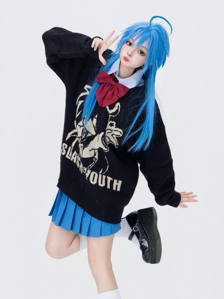 Cartoon Girl Knitted Print And Letter Sweater Black