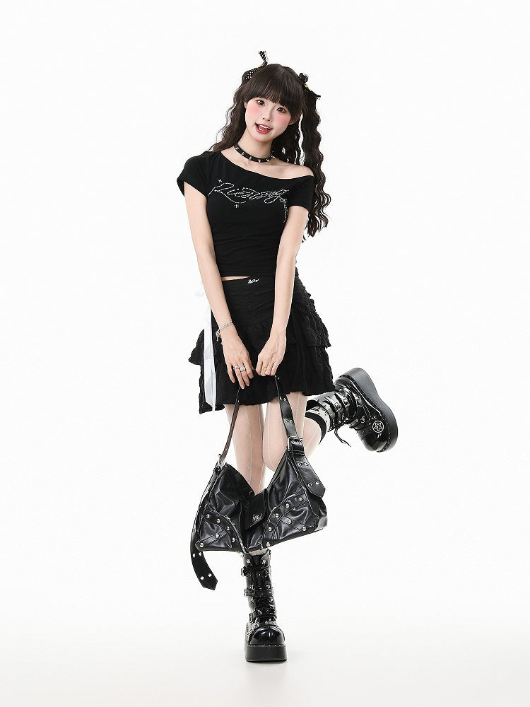 One-Shoulder Lace-Up Short Sleeve T-Shirt with Rhinestone Letter Embellishment Blue/White/Black