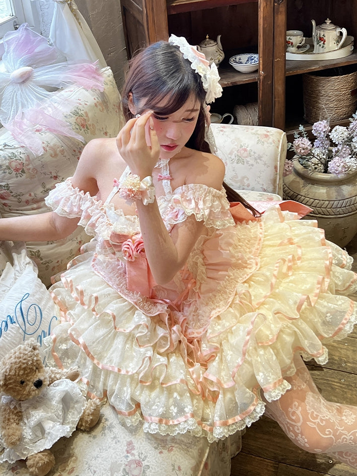 Pink Dress Ruffles Corset Fairy Princess Lace Kei Halter Tiered Neck Waist Skirt