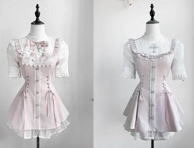 Coord Jirai Bow Bib Dress Kei Short Set: Pink Tie with Sleeve