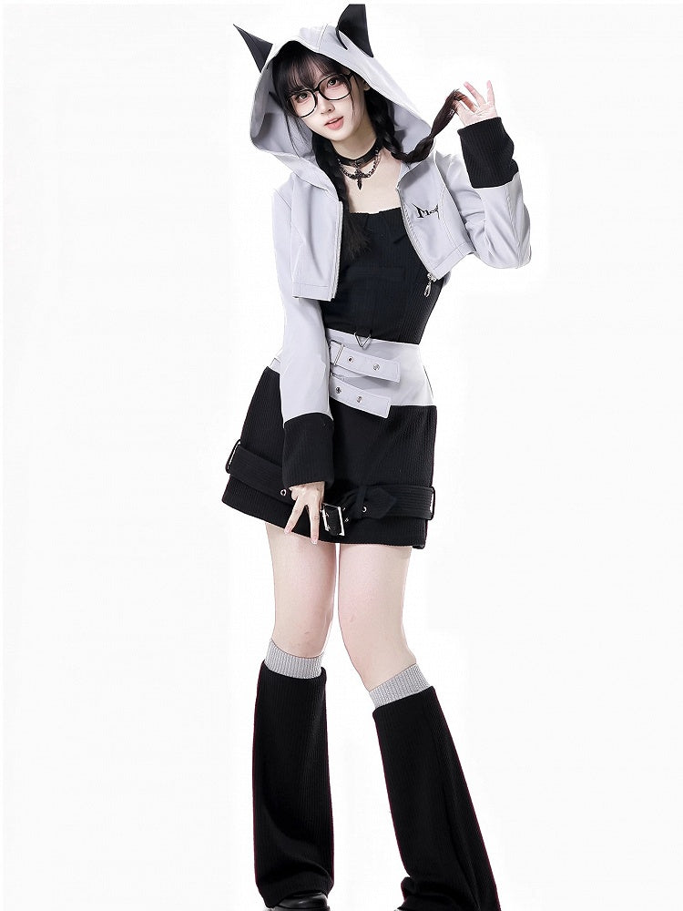Wolf Ears Gray Zip Hood Closure Design Cropped Jacket