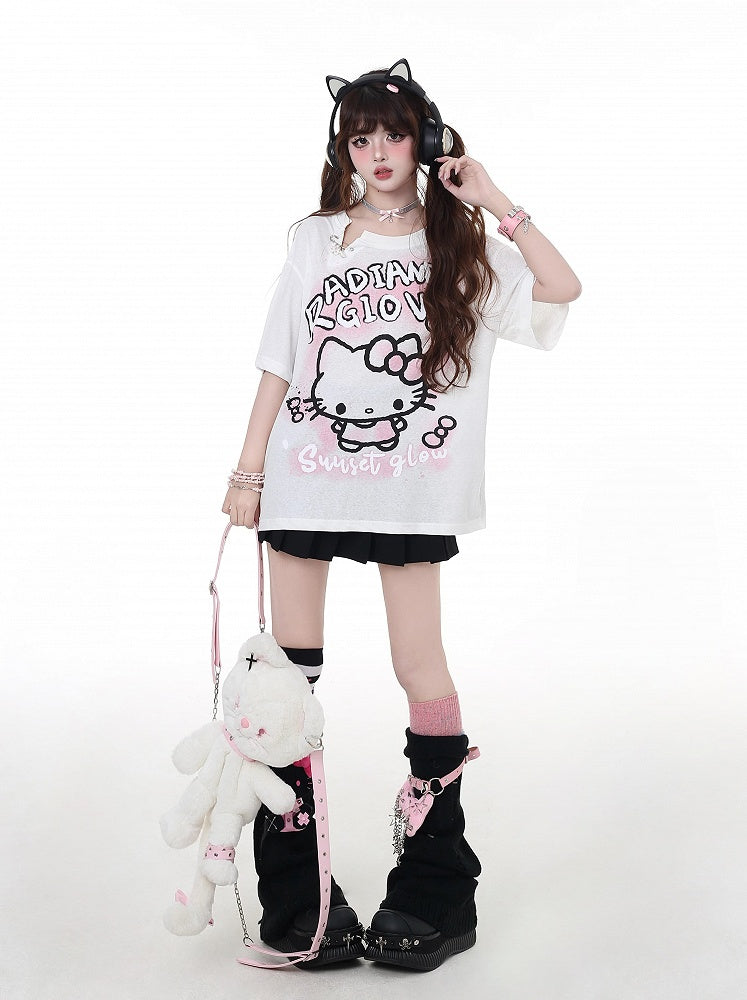 Entzückendes Kitty Graffiti Pink/Weiß Bittersüßes Detail T-Shirt Button