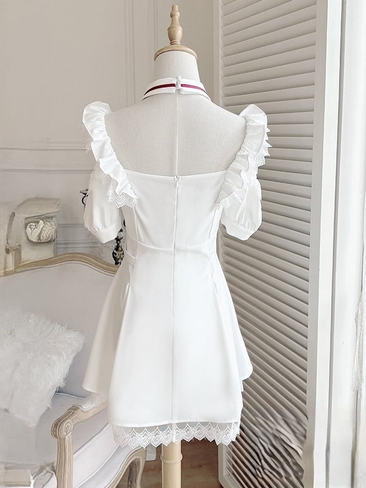 White Print Dress Lace Kawaii and Embroidered Skirt with Red Cross Shoulders Cutout Yami Heartbeat Halter