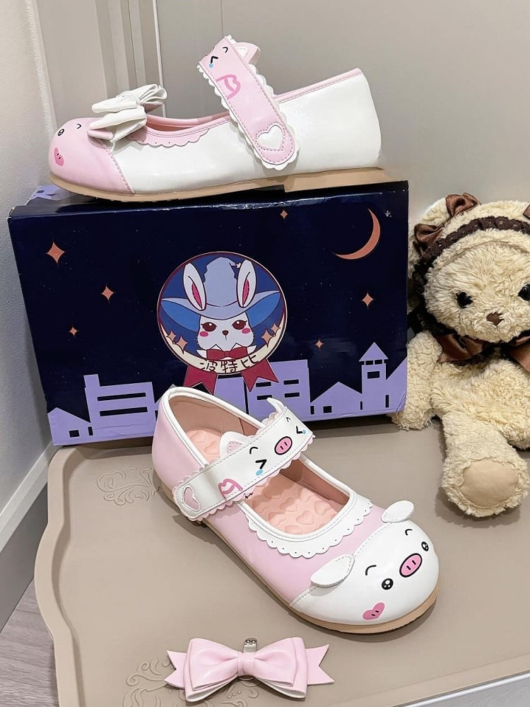 Pink Themed Piggy Detachable Bow White with Flats PU Cute