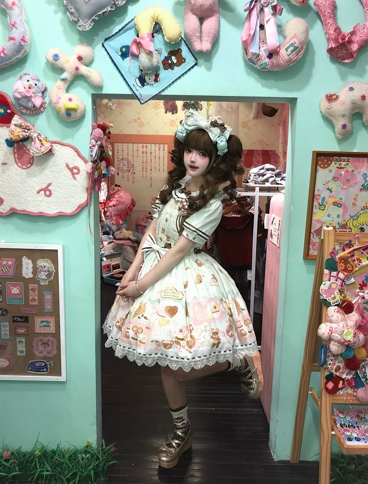 Green Sweet Mint Lolita Theme Desserts Two-pieces Print Dress Fake Design Bear
