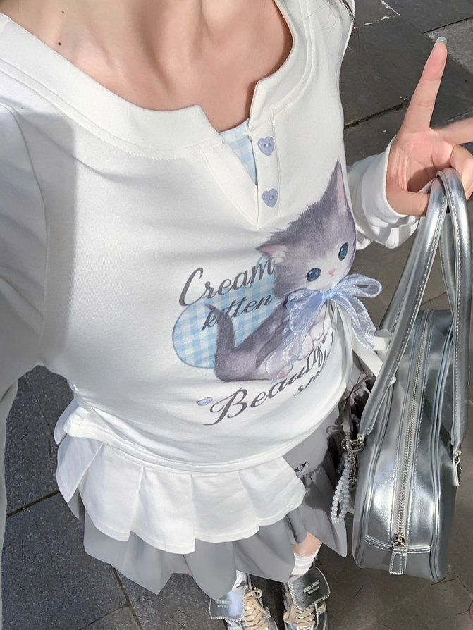 Adorable Cartoon Kitty Print Sweetheart Two-pieces Top Button Details White Faux