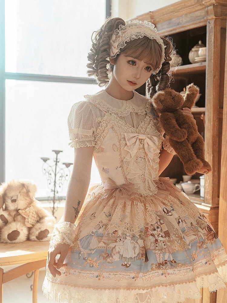 Partykleid Miederrock Teedruck Kitty Beige Pullover Lolita Süßes Korsett