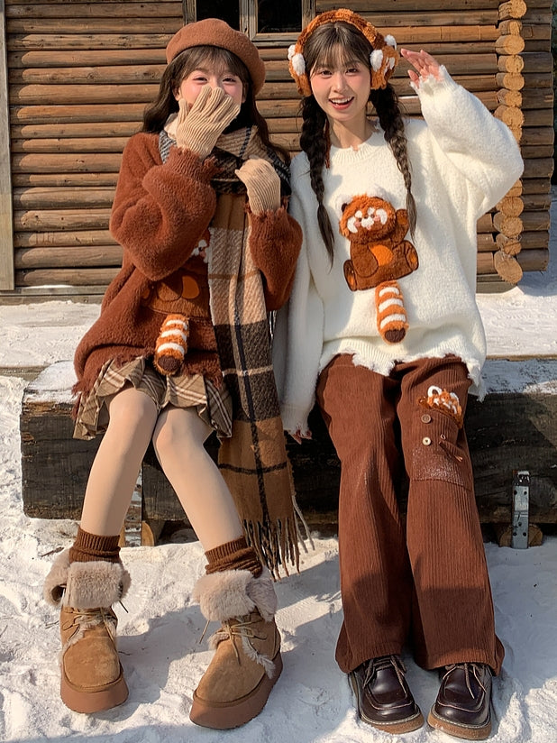 Brown Cute Red Panda Adorned Distress Trim Loose Sweater
