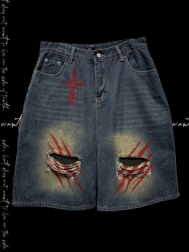 Print Blue Faded Holes Scratch Wash Distressed Wide-leg Denim Shorts