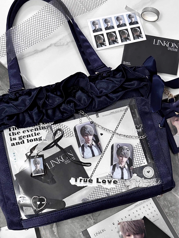Trims Holder Bag Ita Bow Card Dark Satin Self-tie Straps Ruffle With Blue