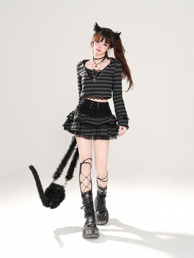 Glamorous Tiered Skirt Black Striped Lace Trim Lace-up Waist