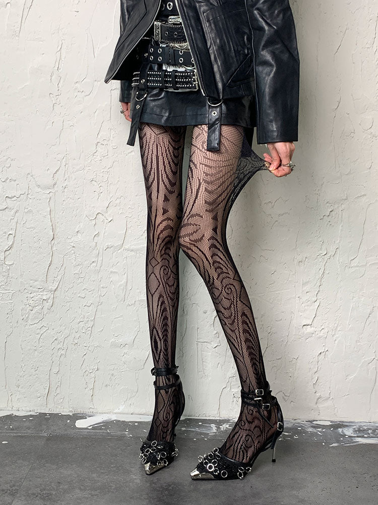 Dunkelgotische schwarze Y2K-Strumpfhose mit unregelmäßigem Design und Hohlsaum