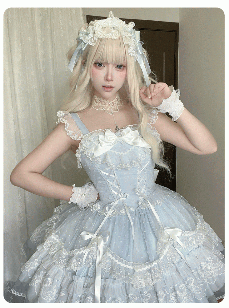 Pullover, abnehmbare Ärmel, Rock, süßes Lolita-Kleid, flatternd mit großem blauen Schnürmieder, hoch taillierter Schleife