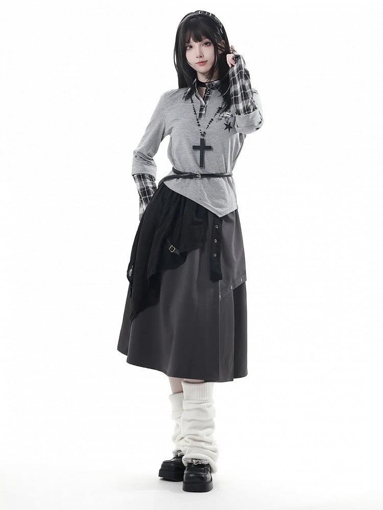 Hem Distressed Holes Black Adjustable with Belt Corset Asymmetrical Buckle