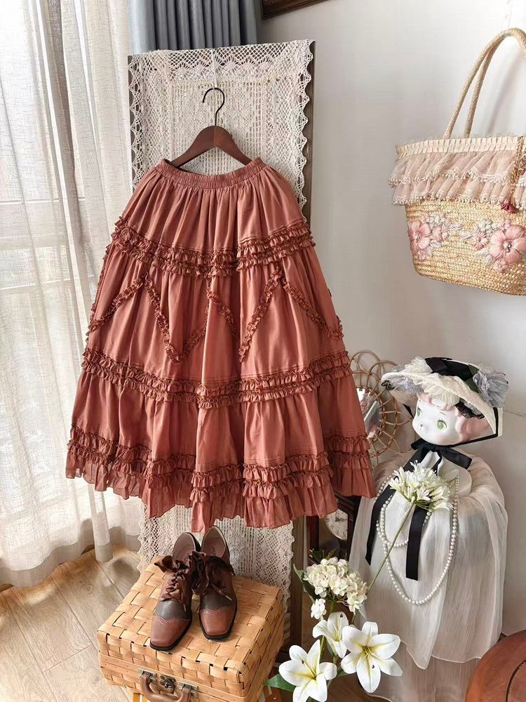Elastic 82cm Under Red Waist Ruffled Brick Skirt