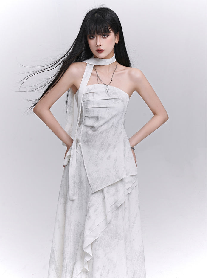 Off-white Side Strapless Top / Elastic Waist Scarf Slit with