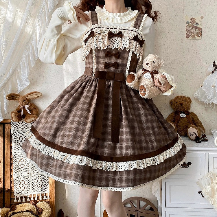 Braunes kariertes süßes Lolita-Kleid