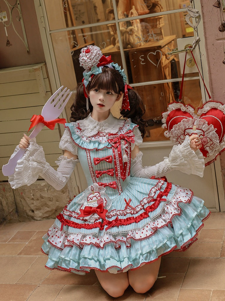 Red and Skirt Green Sweet Polka with Accents Bow Tiered Dots Stripes Dress Lolita