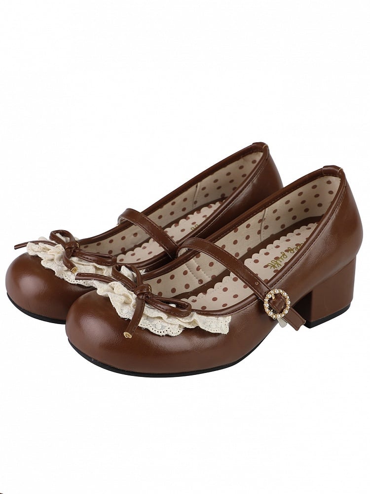 Runde Janes Mary-Schuhe mit geknoteter Akzentspitze, schokoladenbraune Spitzenabsätze, braune Schleifenverzierung, 2,2 cm/4,3 cm