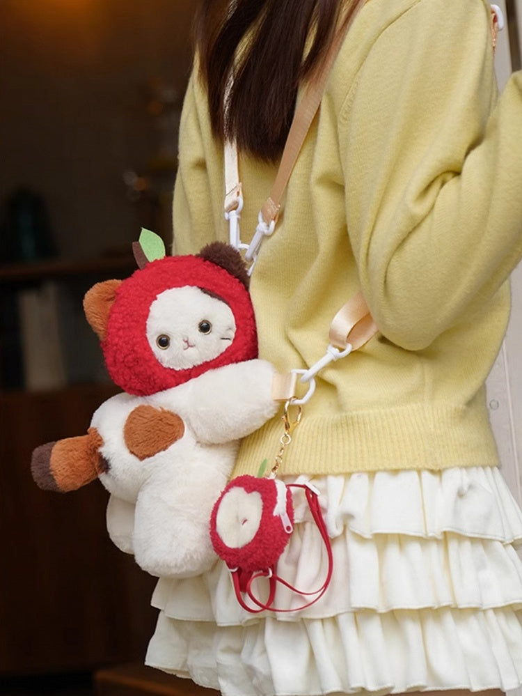 Red Cute Apple Plush Keychian Middle/Large Bag Backpack White Hat Heart Kitty Size + Backpack/Crossbody