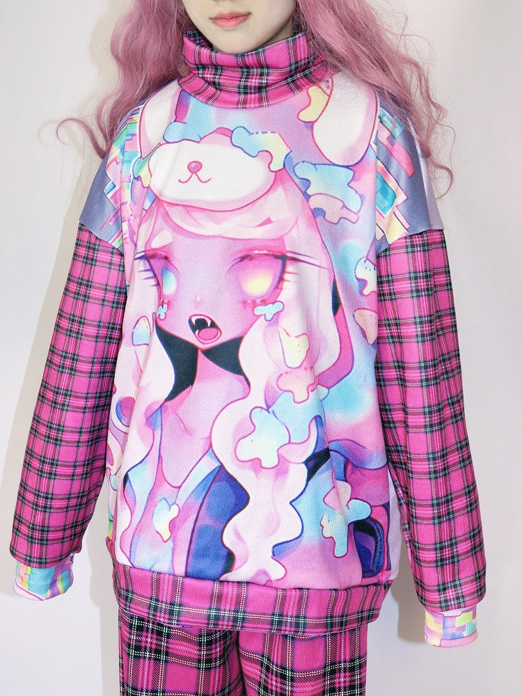 Oversized Sweatshirt With Cartoon And Plaid Print Gyaru Rose Fashion Red