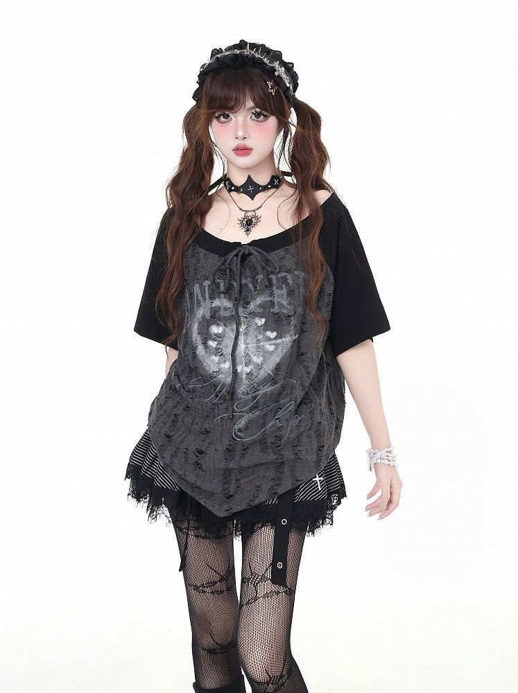 Neckline Gray Distressed Holes Colorblock Design Self-tie Strap Black and Graphic T-shirt