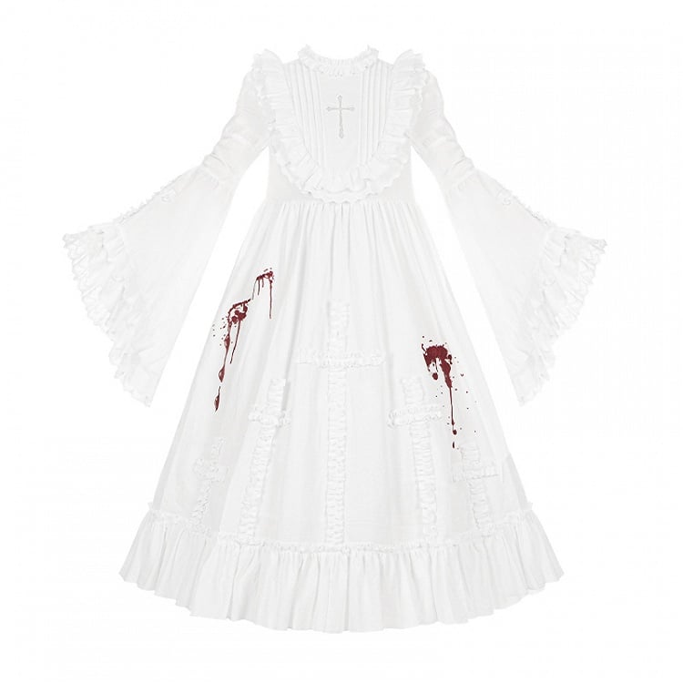 Langes und Ausschnittförmiges Rüschenkleid mit gerüschter Blutversion und Kreuz-Lolita-Stickerei, Gothic-Kleid, Weiß