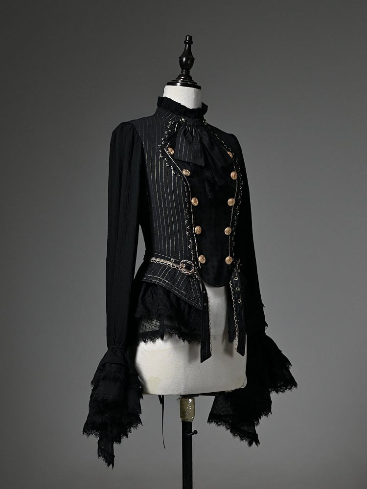 Black Ruffle Neckline Long Cuffs Sleeves Jabot Cadcading