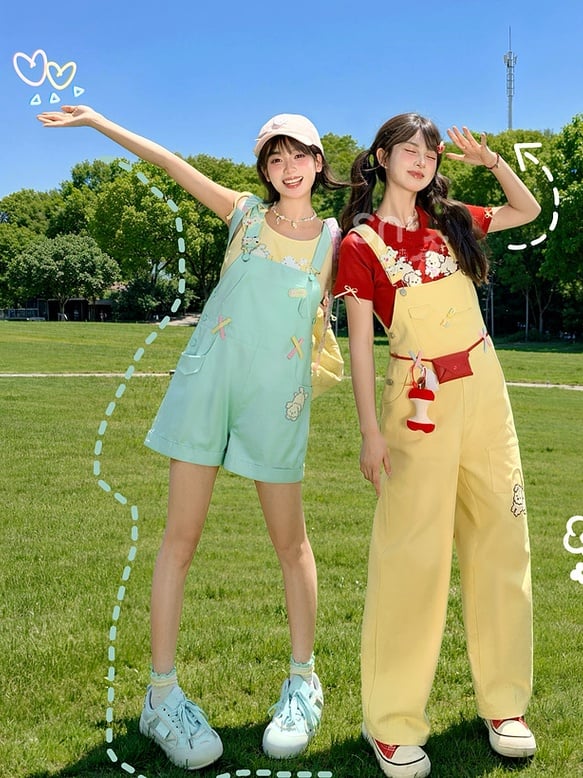 Shorts Overall Mint Green Cartoon Puppy Embroidery Straight-leg Cut