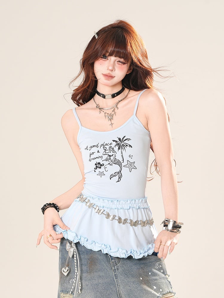 Mermaid Print Ruffle Trim Cami Top Yellow/Blue