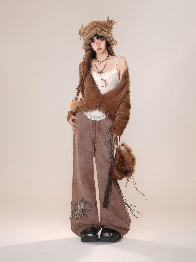 Wide-leg Applique Plaid Cut Brown Butterfly Pants