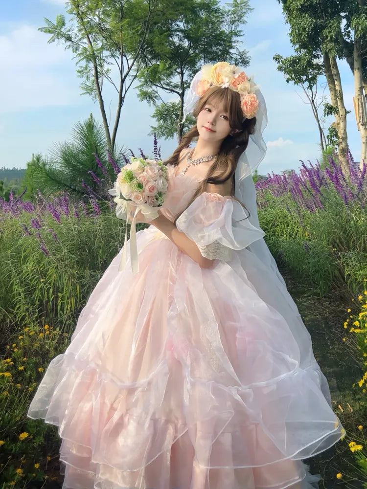 Head Floral Design Pink Long White Veil