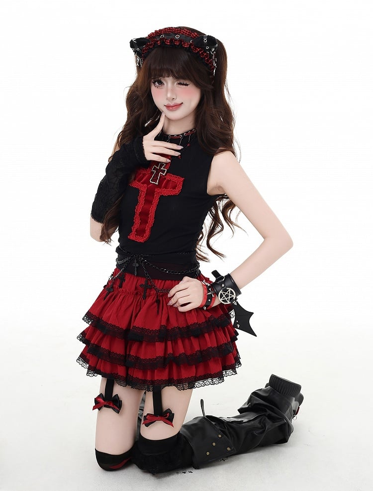 Glamorous Red/Pink/Black Bowknot Y2K Trim Detachable Lace Tiered Skirt with