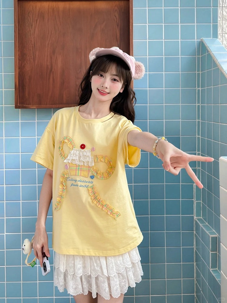 Bowknot Tiered Ruffled Big Cake Yellow Cotton T-shirt Design Lace