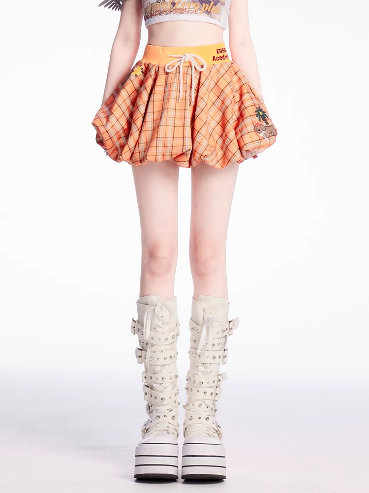 Puppy Orange Plaid Drawstring Waist Print Mini Bubble Skirt