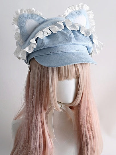 Béret Jirai Kei bleu avec bordure en dentelle et serre-tête amovible en forme d'oreilles et de pattes de chat