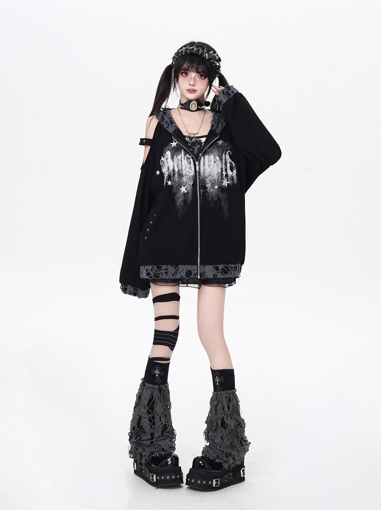 Zip-up Hooded Jacket with Distressed Holes and Cutout Shoulder White/Black