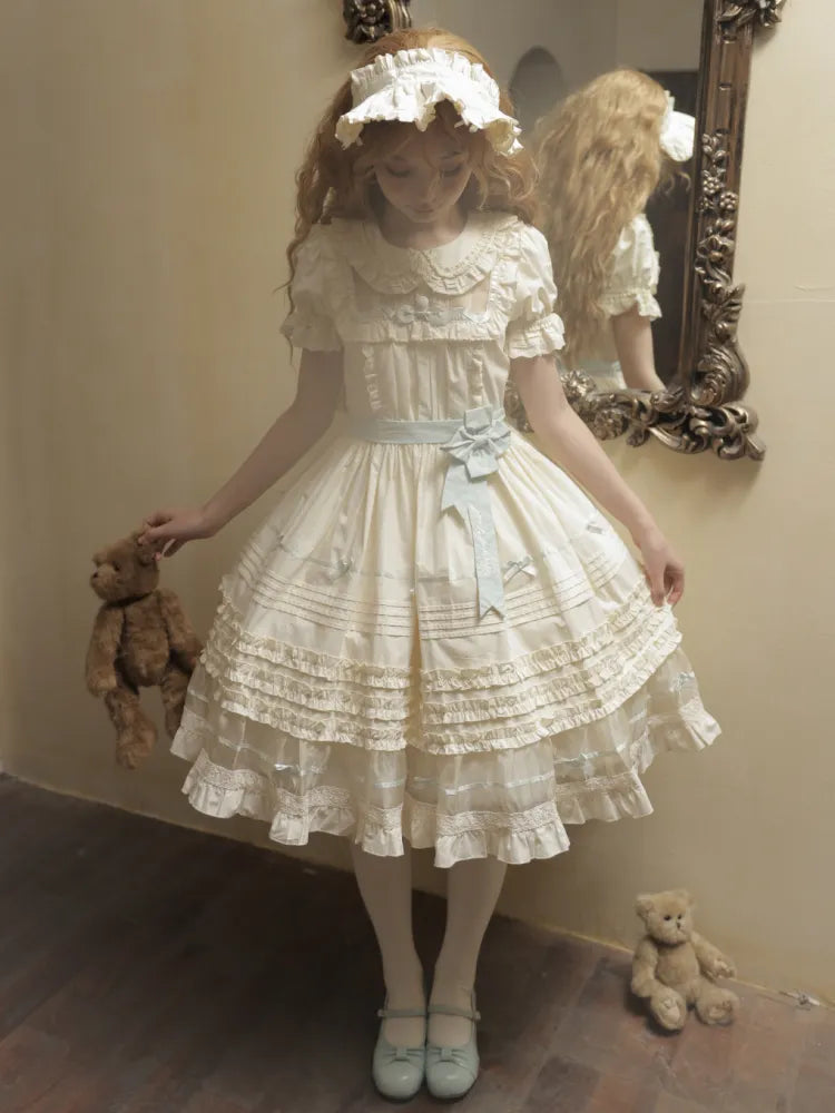 Dress Bow Collar Lolita Green Beige Cotton and Mint Pan Accents Peter