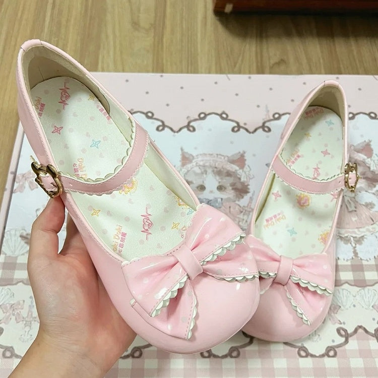 Bear Pink Playful Top Mary Closure Toe Dot Design - Round with Janes and Low-heel Bow Lolita Pattern Sweet