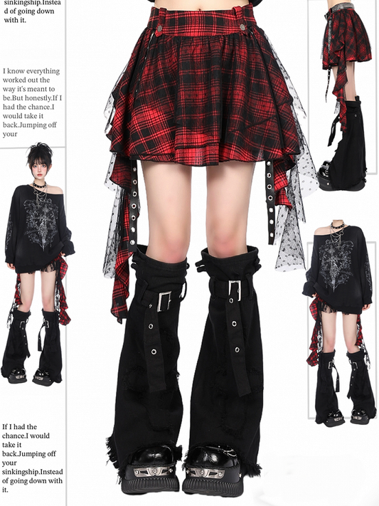 Asymmetrical Red Plaid Tiered Mini Skirt with Lace Overlay Y2K