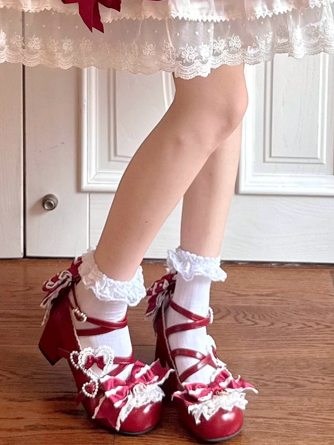 Süße Riemen Kreuzschnalle Rot 2CM/5CM Block Lolita Details Design Schuhe Herz Heels Bowknot